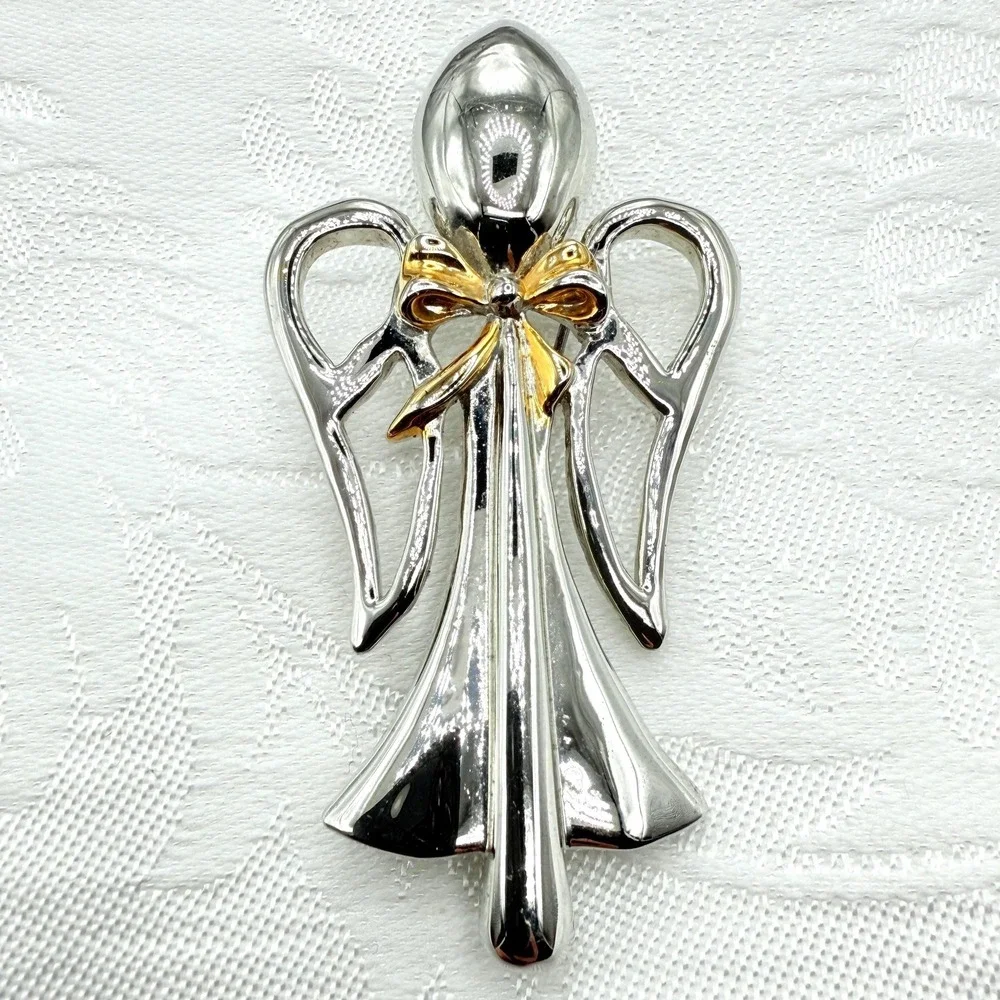 Vintage Silver and Gold Tone Angel Pin Brooch or Pendant w/ Ribbon
